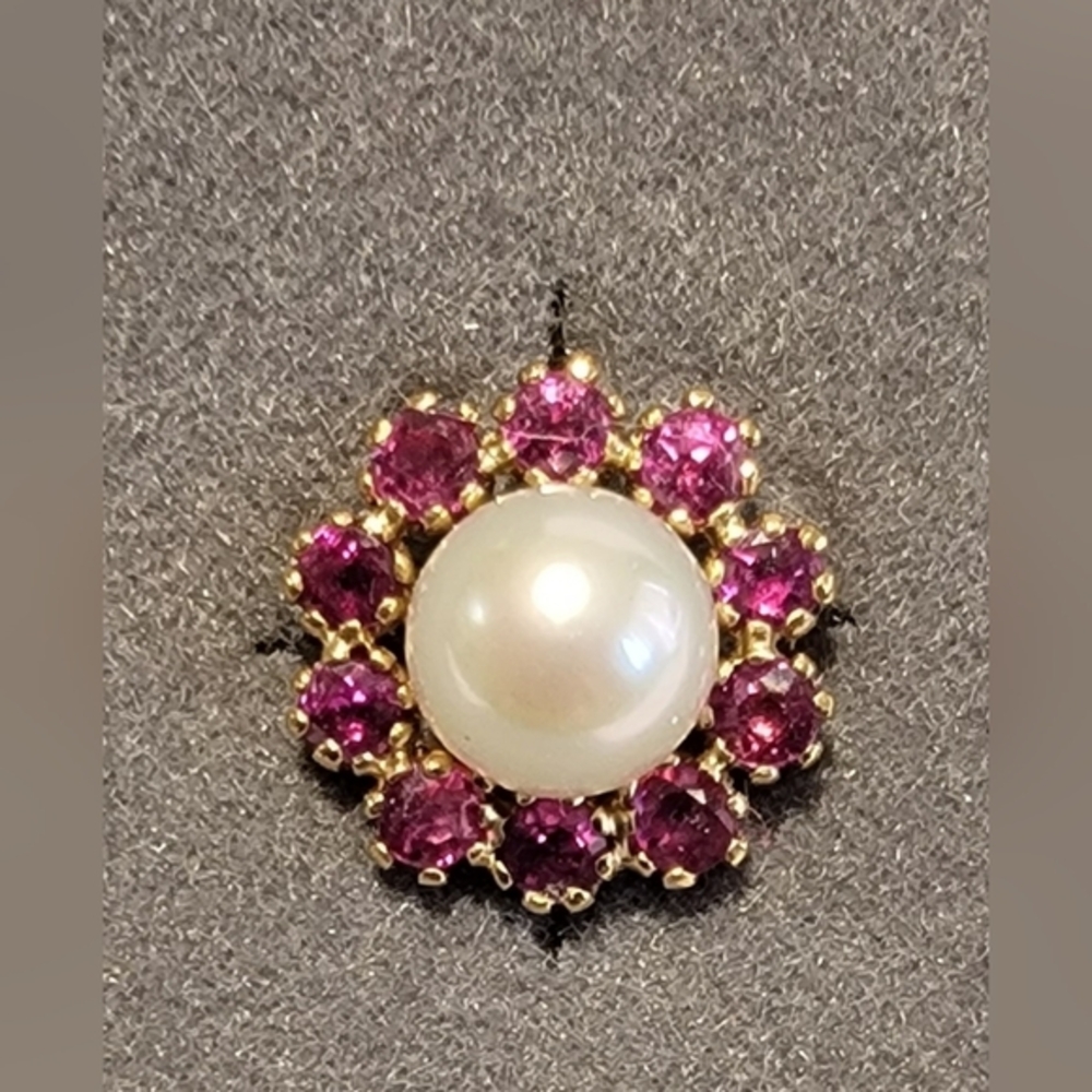 14k Yellow Gold Pearl & Garnet Halo Studs - Picture 2 of 7